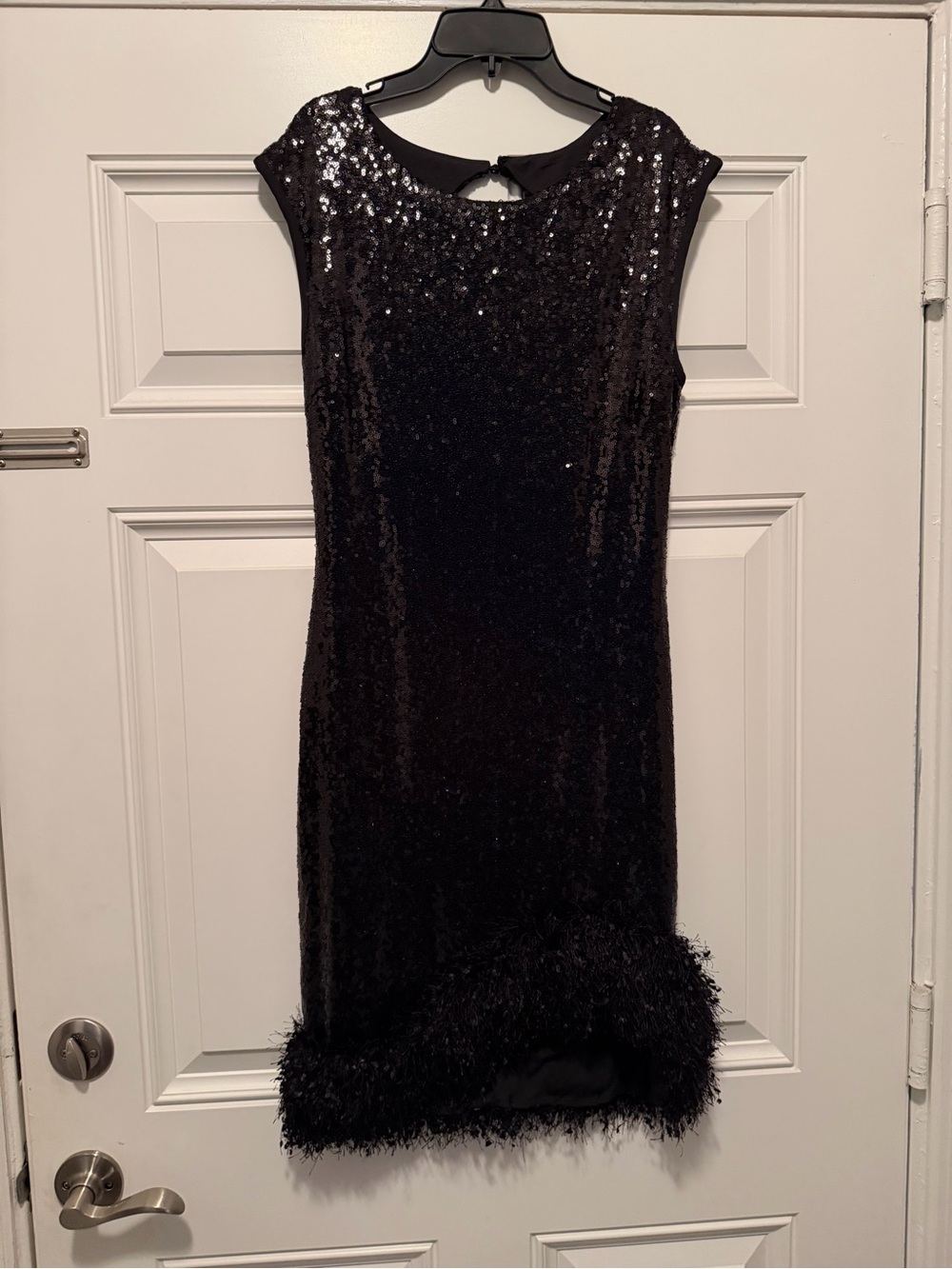 VENUS Black Sequin Mini Dress with Feather Trim